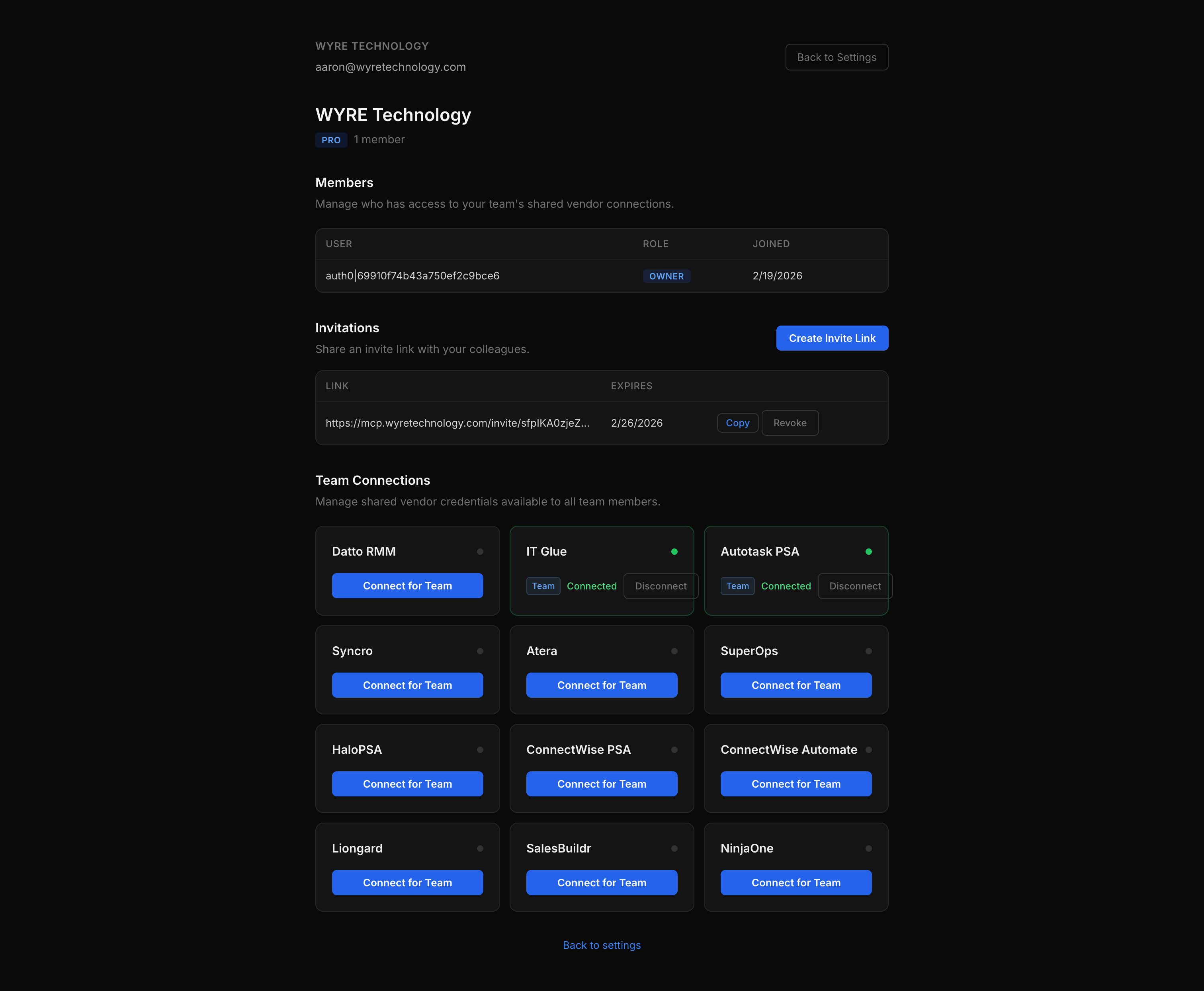 Team management page showing members list, invite links, and team vendor connections